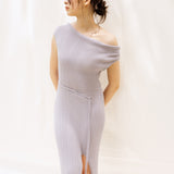 hello ronron | Louise Dress Taupe Gray | Cowl Neck Tie-Detail Off-Shoulder High-Slit Maxi Ribbed Knit Dress