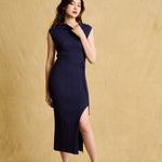 hello ronron | Louise Dress Oxford Blue | Cowl Neck Tie-Detail Off-Shoulder High-Slit Maxi Ribbed Knit Dress