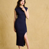 hello ronron | Louise Dress Oxford Blue | Cowl Neck Tie-Detail Off-Shoulder High-Slit Maxi Ribbed Knit Dress