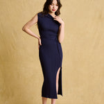 hello ronron | Louise Dress Oxford Blue | Cowl Neck Tie-Detail Off-Shoulder High-Slit Maxi Ribbed Knit Dress