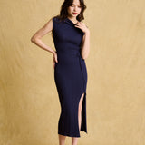 hello ronron | Louise Dress Oxford Blue | Cowl Neck Tie-Detail Off-Shoulder High-Slit Maxi Ribbed Knit Dress
