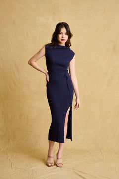 hello ronron | Louise Dress Oxford Blue | Cowl Neck Tie-Detail Off-Shoulder High-Slit Maxi Ribbed Knit Dress