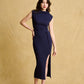 hello ronron | Louise Dress Oxford Blue | Cowl Neck Tie-Detail Off-Shoulder High-Slit Maxi Ribbed Knit Dress