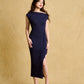 hello ronron | Louise Dress Oxford Blue | Cowl Neck Tie-Detail Off-Shoulder High-Slit Maxi Ribbed Knit Dress