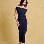 hello ronron | Louise Dress Oxford Blue | Cowl Neck Tie-Detail Off-Shoulder High-Slit Maxi Ribbed Knit Dress