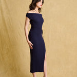 hello ronron | Louise Dress Oxford Blue | Cowl Neck Tie-Detail Off-Shoulder High-Slit Maxi Ribbed Knit Dress