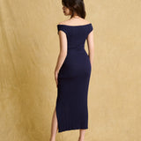 hello ronron | Louise Dress Oxford Blue | Cowl Neck Tie-Detail Off-Shoulder High-Slit Maxi Ribbed Knit Dress