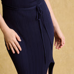 hello ronron | Louise Dress Oxford Blue | Cowl Neck Tie-Detail Off-Shoulder High-Slit Maxi Ribbed Knit Dress