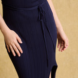 hello ronron | Louise Dress Oxford Blue | Cowl Neck Tie-Detail Off-Shoulder High-Slit Maxi Ribbed Knit Dress