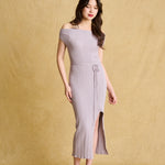 hello ronron | Louise Dress Taupe Gray | Cowl Neck Tie-Detail Off-Shoulder High-Slit Maxi Ribbed Knit Dress
