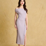 hello ronron | Louise Dress Taupe Gray | Cowl Neck Tie-Detail Off-Shoulder High-Slit Maxi Ribbed Knit Dress
