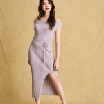 hello ronron | Louise Dress Taupe Gray | Cowl Neck Tie-Detail Off-Shoulder High-Slit Maxi Ribbed Knit Dress