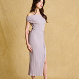 hello ronron | Louise Dress Taupe Gray | Cowl Neck Tie-Detail Off-Shoulder High-Slit Maxi Ribbed Knit Dress