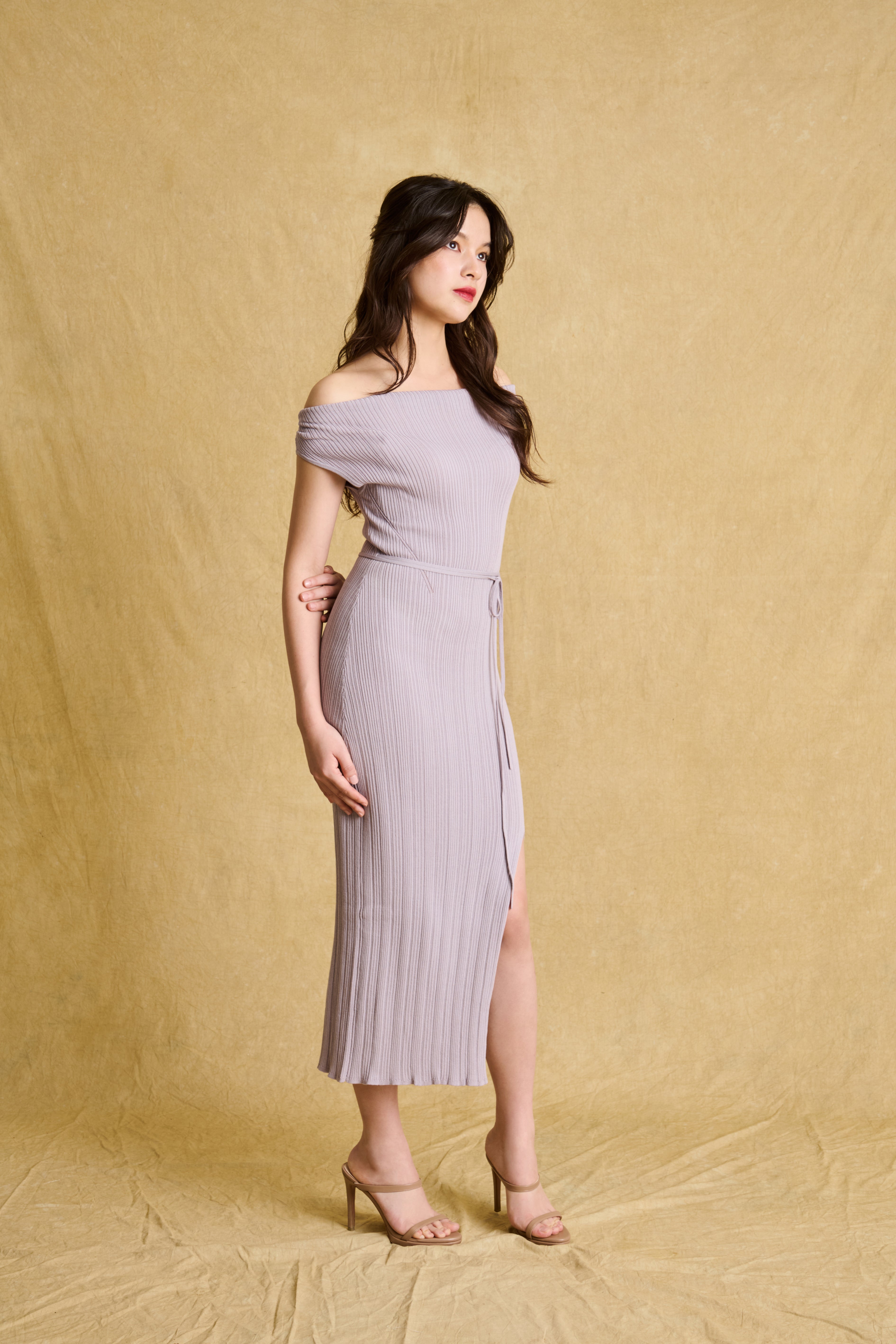 hello ronron | Louise Dress Taupe Gray | Cowl Neck Tie-Detail Off-Shoulder High-Slit Maxi Ribbed Knit Dress