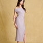 hello ronron | Louise Dress Taupe Gray | Cowl Neck Tie-Detail Off-Shoulder High-Slit Maxi Ribbed Knit Dress