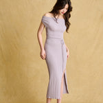 hello ronron | Louise Dress Taupe Gray | Cowl Neck Tie-Detail Off-Shoulder High-Slit Maxi Ribbed Knit Dress