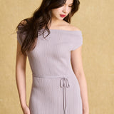 hello ronron | Louise Dress Taupe Gray | Cowl Neck Tie-Detail Off-Shoulder High-Slit Maxi Ribbed Knit Dress