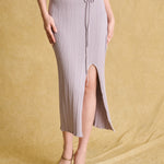 hello ronron | Louise Dress Taupe Gray | Cowl Neck Tie-Detail Off-Shoulder High-Slit Maxi Ribbed Knit Dress