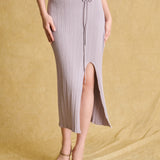 hello ronron | Louise Dress Taupe Gray | Cowl Neck Tie-Detail Off-Shoulder High-Slit Maxi Ribbed Knit Dress