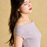 hello ronron | Louise Dress Taupe Gray | Cowl Neck Tie-Detail Off-Shoulder High-Slit Maxi Ribbed Knit Dress