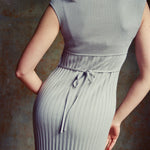 hello ronron | Catherine Dress Silver Gray | V neck bustier waist tie pleated knit dress | DR047-SGRY