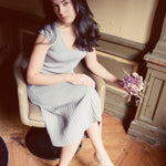 hello ronron | Catherine Dress Silver Gray | V neck bustier waist tie pleated knit dress | DR047-SGRY