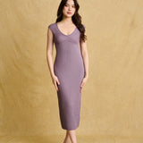 hello ronron | Catherine Dress Amethyst | V-Neck Bustier Back tie Capped Sleeve Midi Pleated Ribbed Knit Dress