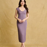 hello ronron | Catherine Dress Amethyst | V-Neck Bustier Back tie Capped Sleeve Midi Pleated Ribbed Knit Dress