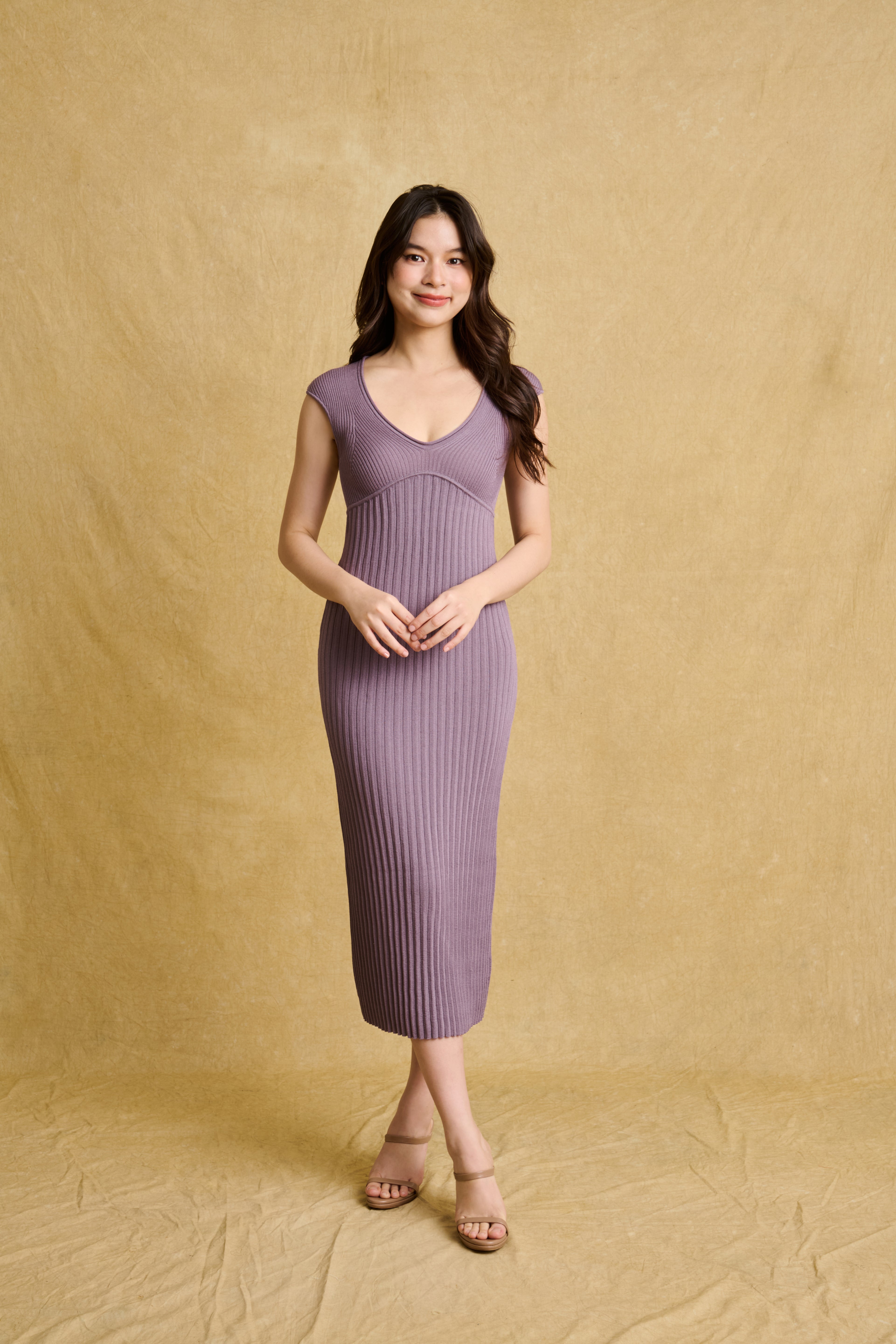 hello ronron | Catherine Dress Amethyst | V-Neck Bustier Back tie Capped Sleeve Midi Pleated Ribbed Knit Dress