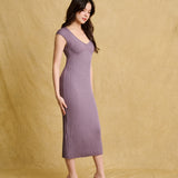 hello ronron | Catherine Dress Amethyst | V-Neck Bustier Back tie Capped Sleeve Midi Pleated Ribbed Knit Dress