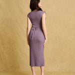 hello ronron | Catherine Dress Amethyst | V-Neck Bustier Back tie Capped Sleeve Midi Pleated Ribbed Knit Dress