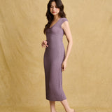 hello ronron | Catherine Dress Amethyst | V-Neck Bustier Back tie Capped Sleeve Midi Pleated Ribbed Knit Dress