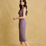 hello ronron | Catherine Dress Amethyst | V-Neck Bustier Back tie Capped Sleeve Midi Pleated Ribbed Knit Dress
