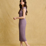 hello ronron | Catherine Dress Amethyst | V-Neck Bustier Back tie Capped Sleeve Midi Pleated Ribbed Knit Dress