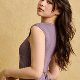 hello ronron | Catherine Dress Amethyst | V-Neck Bustier Back tie Capped Sleeve Midi Pleated Ribbed Knit Dress