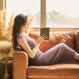 hello ronron | Catherine Dress Amethyst | V-Neck Bustier Back tie Capped Sleeve Midi Pleated Ribbed Knit Dress