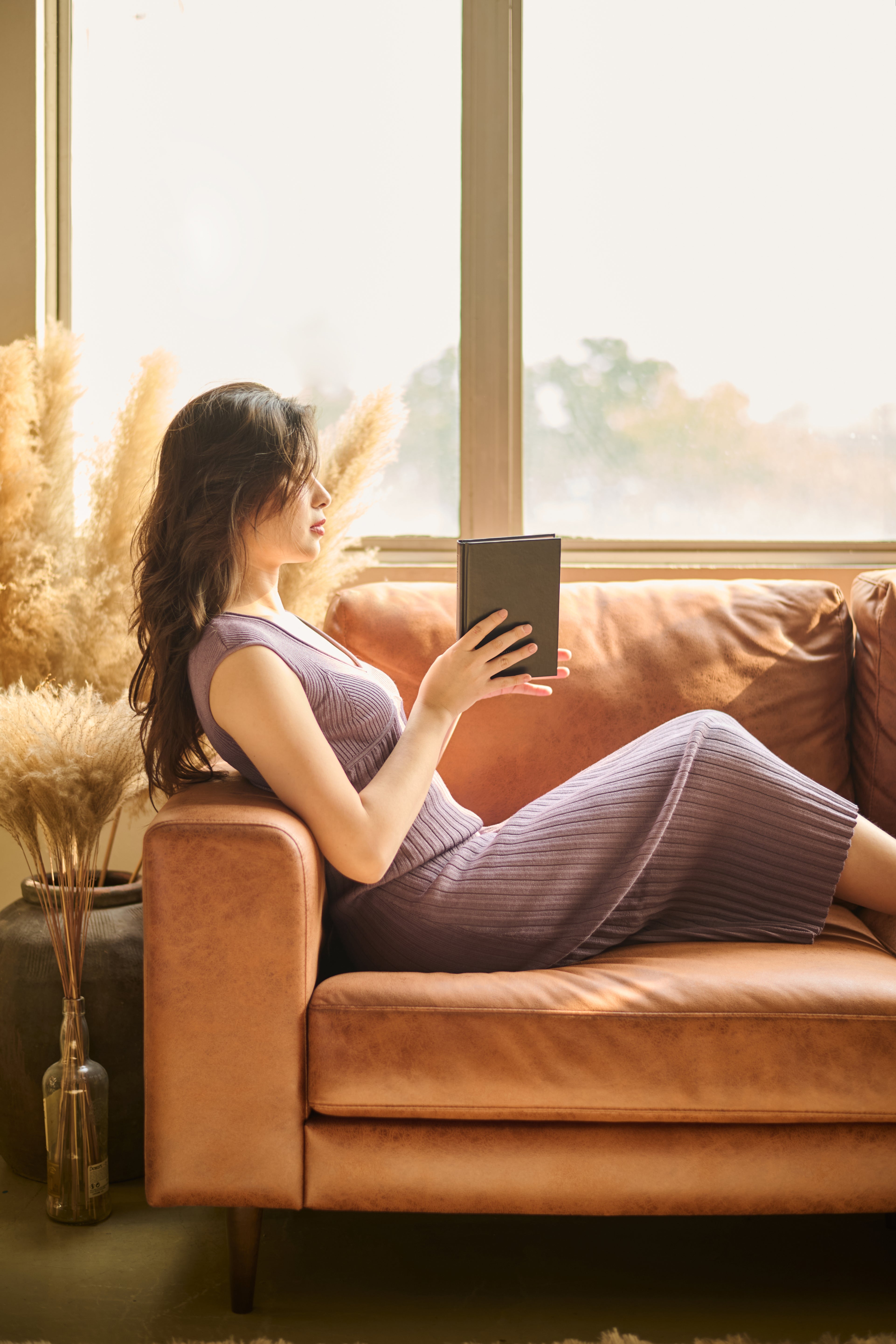 hello ronron | Catherine Dress Amethyst | V-Neck Bustier Back tie Capped Sleeve Midi Pleated Ribbed Knit Dress