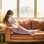 hello ronron | Catherine Dress Amethyst | V-Neck Bustier Back tie Capped Sleeve Midi Pleated Ribbed Knit Dress