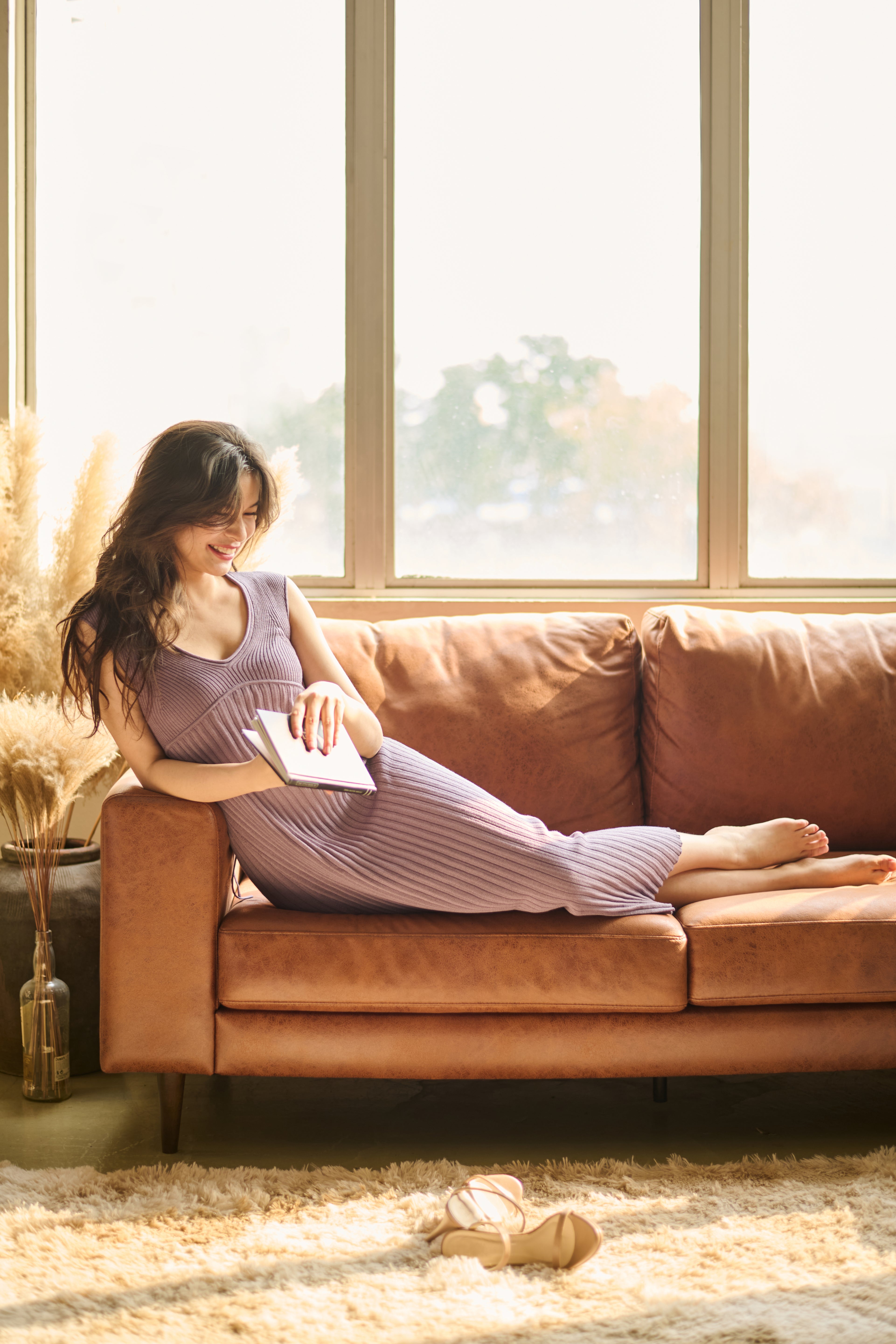 hello ronron | Catherine Dress Amethyst | V-Neck Bustier Back tie Capped Sleeve Midi Pleated Ribbed Knit Dress