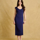 hello ronron | Catherine Dress Navy Blue | V-Neck Bustier Back tie Capped Sleeve Midi Pleated Ribbed Knit Dress
