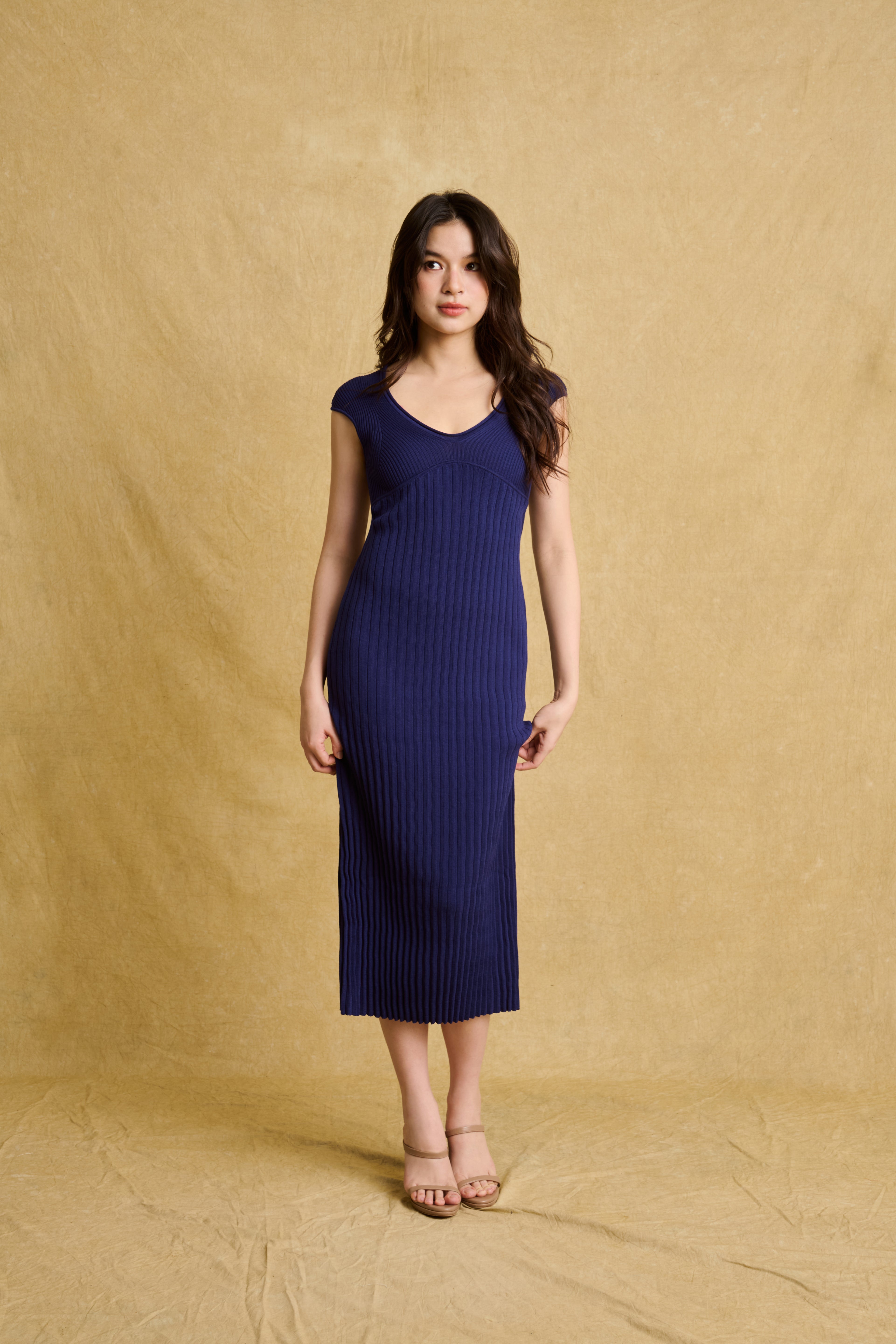 hello ronron | Catherine Dress Navy Blue | V-Neck Bustier Back tie Capped Sleeve Midi Pleated Ribbed Knit Dress