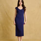 hello ronron | Catherine Dress Navy Blue | V-Neck Bustier Back tie Capped Sleeve Midi Pleated Ribbed Knit Dress