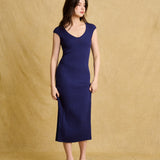 hello ronron | Catherine Dress Navy Blue | V-Neck Bustier Back tie Capped Sleeve Midi Pleated Ribbed Knit Dress