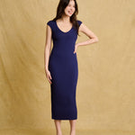hello ronron | Catherine Dress Navy Blue | V-Neck Bustier Back tie Capped Sleeve Midi Pleated Ribbed Knit Dress