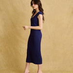 hello ronron | Catherine Dress Navy Blue | V-Neck Bustier Back tie Capped Sleeve Midi Pleated Ribbed Knit Dress