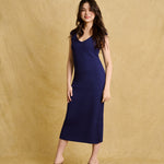 hello ronron | Catherine Dress Navy Blue | V-Neck Bustier Back tie Capped Sleeve Midi Pleated Ribbed Knit Dress