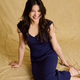 hello ronron | Catherine Dress Navy Blue | V-Neck Bustier Back tie Capped Sleeve Midi Pleated Ribbed Knit Dress