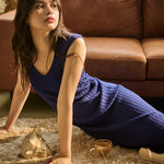 hello ronron | Catherine Dress Navy Blue | V-Neck Bustier Back tie Capped Sleeve Midi Pleated Ribbed Knit Dress