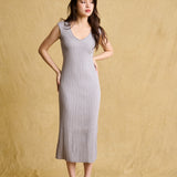 hello ronron | Catherine Dress Silver Gray | V neck bustier waist tie pleated knit dress | DR047-SGRY