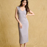 hello ronron | Catherine Dress Silver Gray | V neck bustier waist tie pleated knit dress | DR047-SGRY